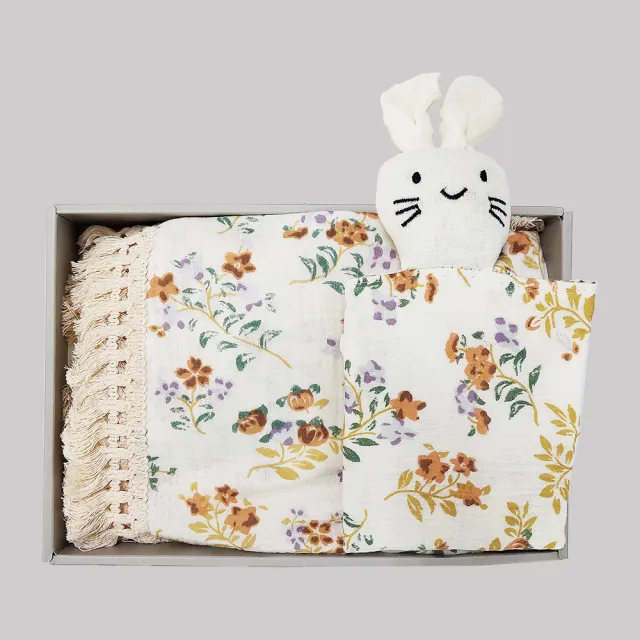 【Kori Deer 可莉鹿】彌月禮盒組-印花流蘇嬰兒萬用包巾+安撫巾(彌月禮滿月冷氣毯透氣寶寶被四季毯)