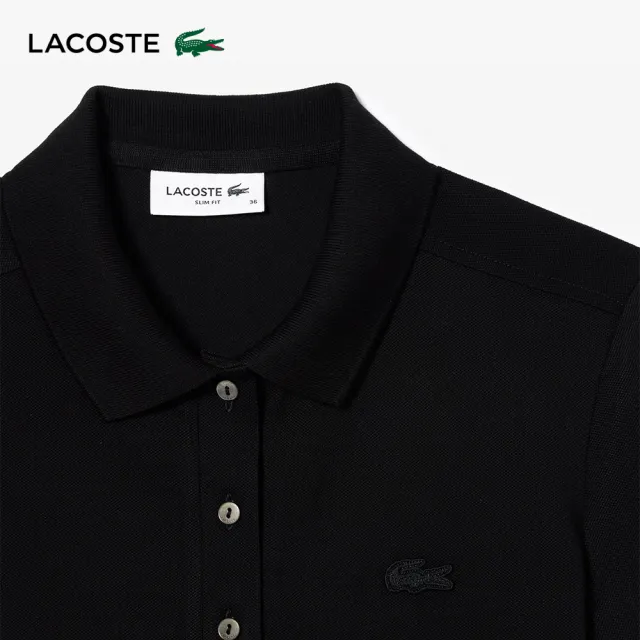 【LACOSTE】女裝-修身彈性棉質網眼短袖Polo衫(黑色)