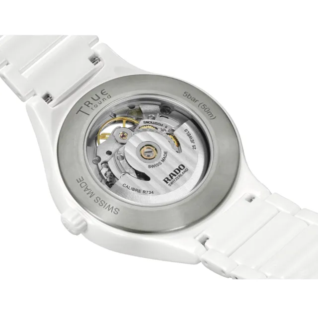 【Rado 雷達表】True Round真我系列 高科技陶瓷鏤空機械腕錶-白40mm R05(R27115012 防水50米)