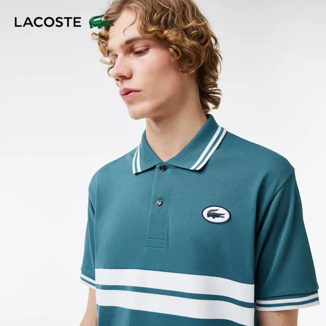 【LACOSTE】男裝-原創L.12.12徽章條紋短袖Polo衫(藍綠色)