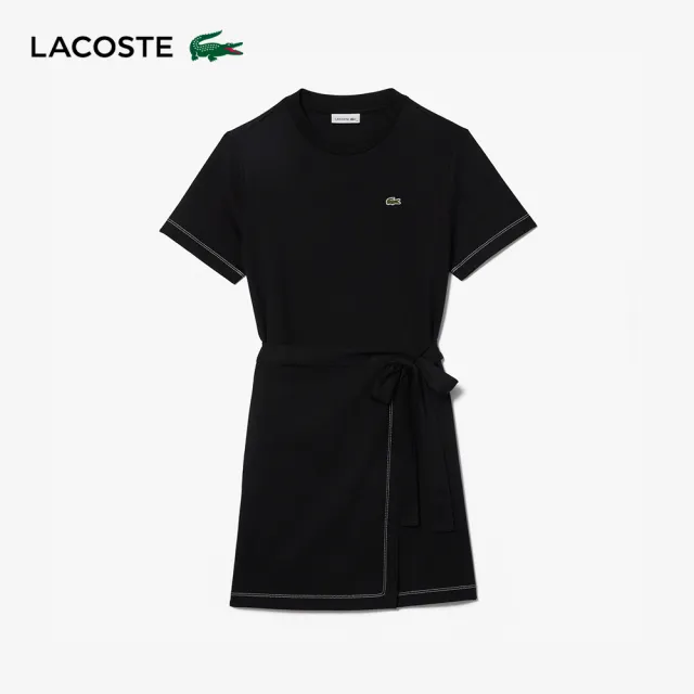 【LACOSTE】女裝-撞色車邊大輪廓平紋針織短袖洋裝(黑色)