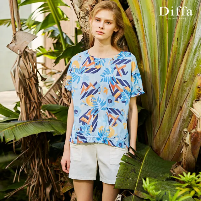 【Diffa】歐風藍花連袖設計上衣-女
