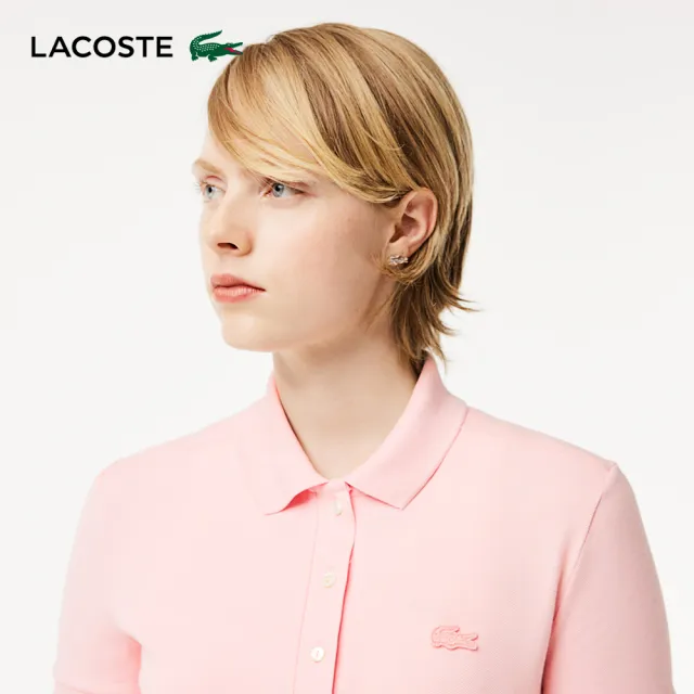 【LACOSTE】女裝-緊身彈性棉短袖Polo衫(粉紅色)