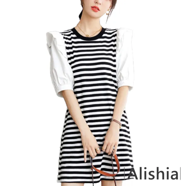 【Alishia】淑女風格荷葉燈籠袖條紋拼接連身裙 S-XL(現+預  白色)