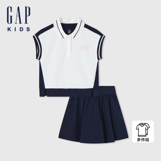 【GAP】女幼童裝 Logo小熊印花翻領無袖短裙家居套裝-海軍藍(466089)