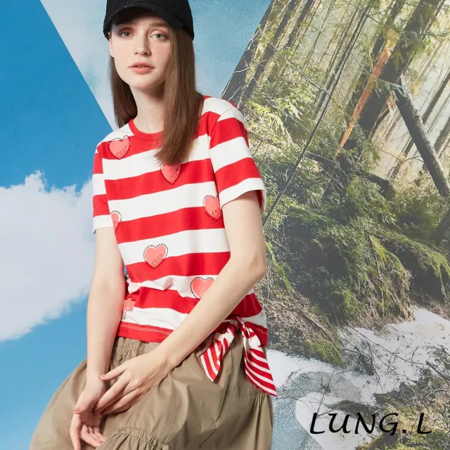 【LUNG.L 林佳樺】LP95A 紅白條紋愛心下擺綁結短袖棉質上衣
