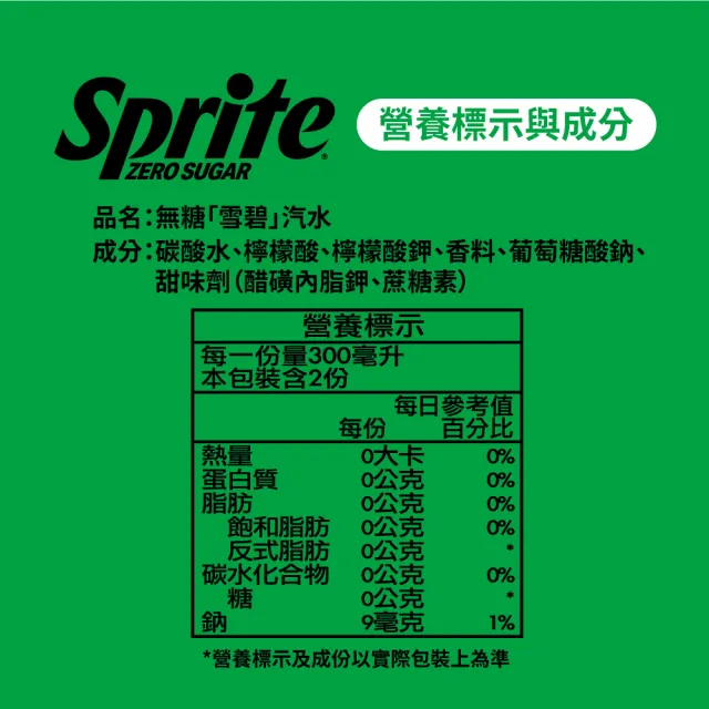 【Sprite ZERO SUGAR 雪碧無糖】無糖零卡 寶特瓶600ml x4入/組