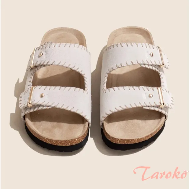【Taroko】雙扣縫製真皮軟木厚底涼拖鞋(2色可選)
