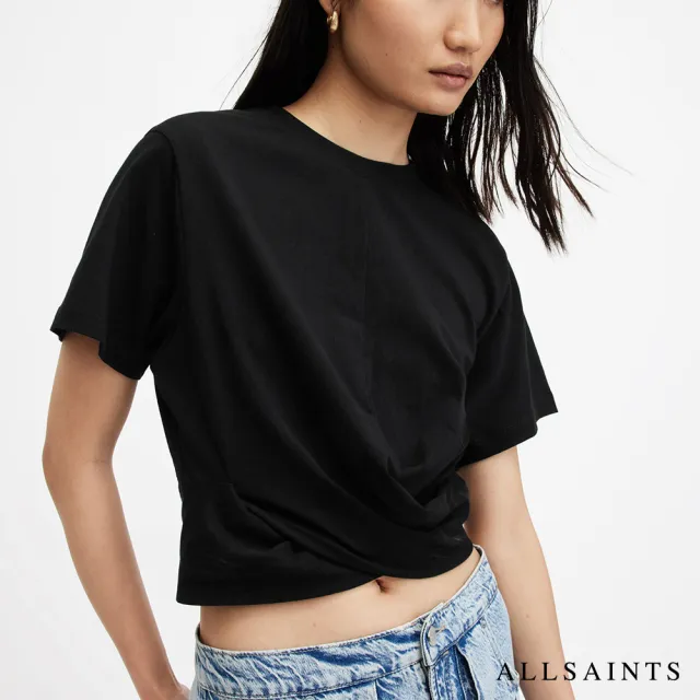 【ALLSAINTS】MALLINSON 短版純棉扭結短袖T恤-黑 W092JA(修身版型)