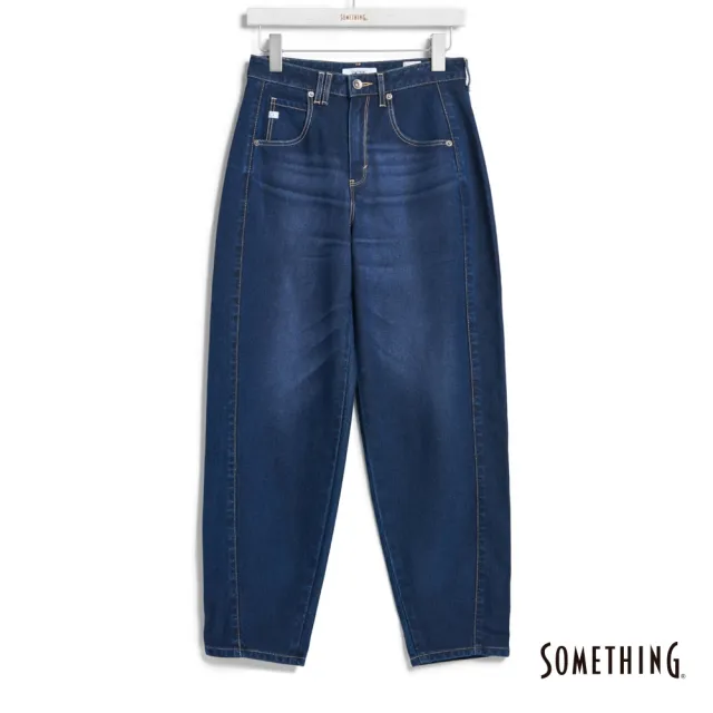 【SOMETHING】女裝 高腰針織丹寧鐘型牛仔褲(酵洗藍)
