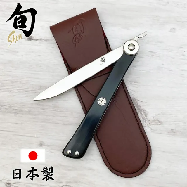 【KAI 貝印】旬  Classic 日本製大馬士革鋼高級折疊牛排刀 8.9cm DM-5900 附皮革套(菜刀 高品質 料理刀)