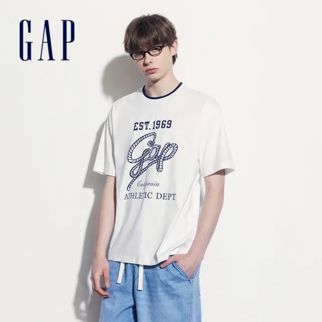【GAP】男裝 Logo純棉印花圓領短袖T恤-白色(465595)