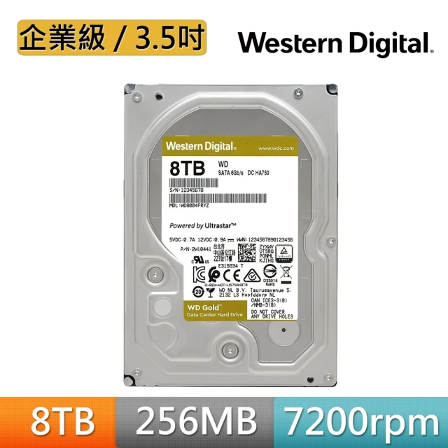 WD 威騰 金標 8TB 3.5吋 7200轉 256MB 企業級 內接硬碟(WD8005FRYZ)