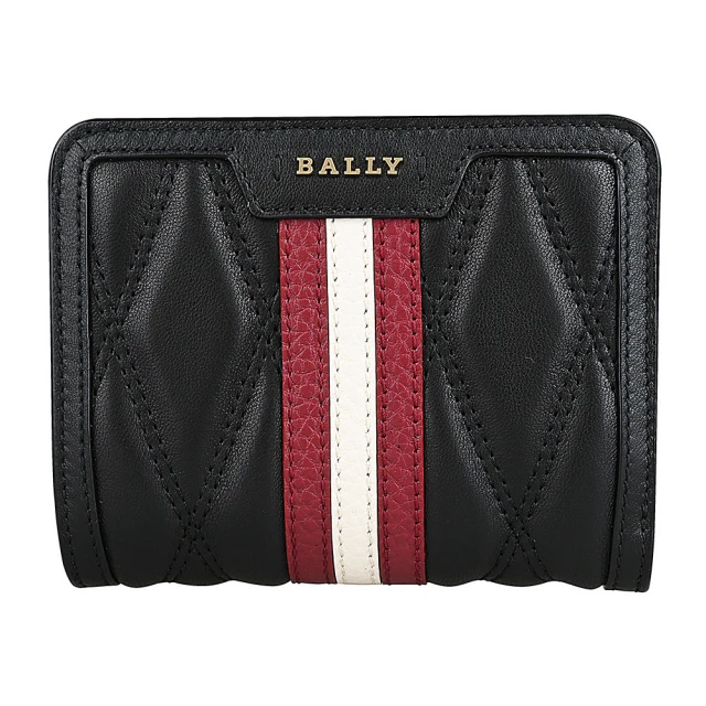 BALLY DAKI金字金屬LOGO紅白條紋絎縫菱格紋羊皮4卡扣式短夾(黑)