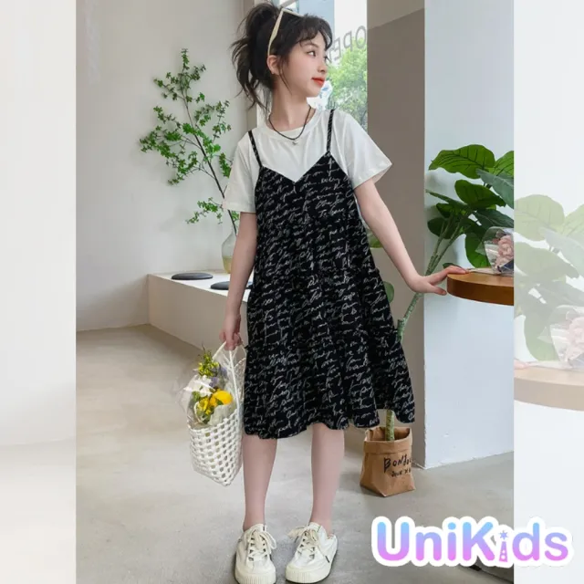 【UniKids】中大童裝短袖洋裝 字母印花假兩件吊帶連身裙 女大童裝 CV字母假兩件(圖片色)