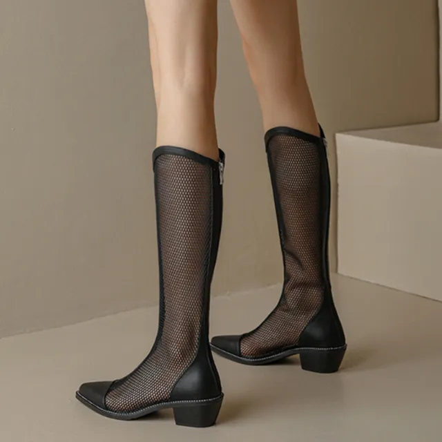 【JP Queen New York】時尚性感網面透膚女款尖頭長筒涼靴(2色可選)