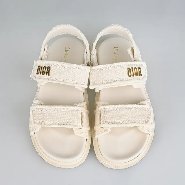 【Dior 迪奧】DIOR DIROACT金字LOGO毛邊設計帆布拼接羊皮涼鞋(米白)