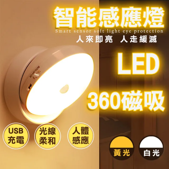 【SW】LED 360度智能感應燈 小夜燈 磁吸式USB充電(免打孔 USB充電/電池供電 走廊燈 櫥櫃燈)