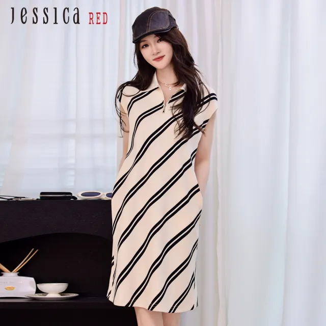 【Jessica Red】休閒舒適棉質斜條紋短袖洋裝R43703