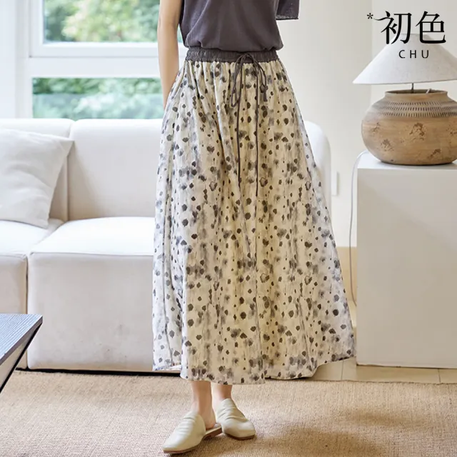 【初色】棉麻風寬鬆拼色花卉碎花印花鬆緊腰抽繩A字裙長裙半身裙-花色-35243(M-2XL可選)