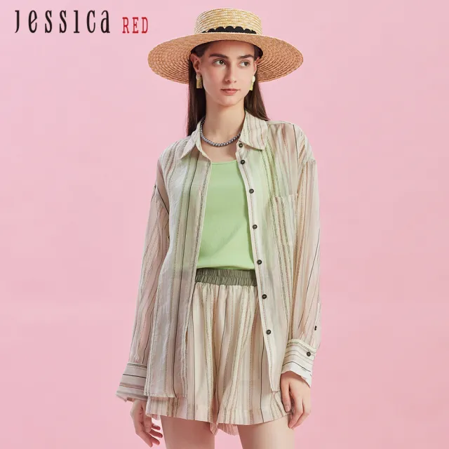 【Jessica Red】清涼透氣天絲條紋長袖襯衫R43309