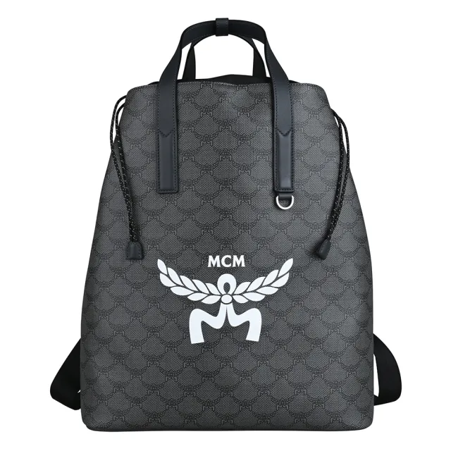 【MCM】HIMMEL白色LOGO經典LAURETOS印花塗層帆布抽繩束口手提後背包(黑)