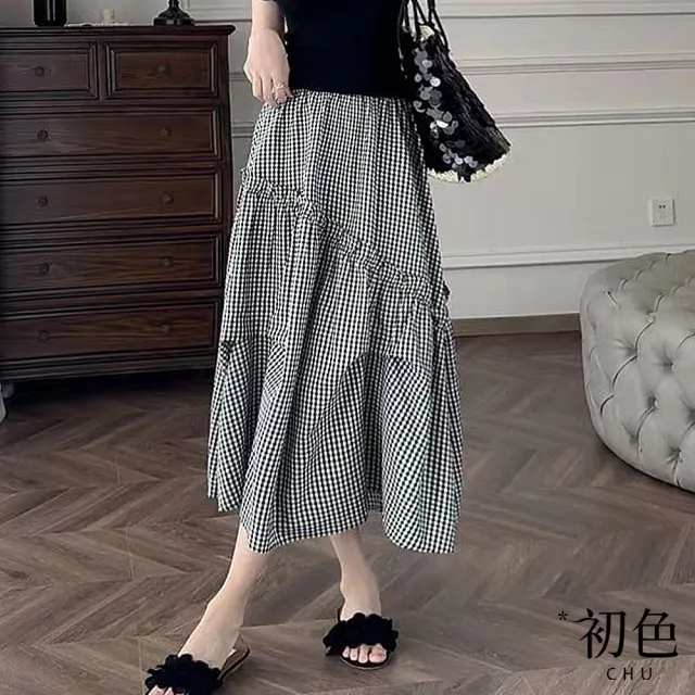 【初色】法式高腰黑白格木耳邊荷葉邊不規則抓皺中長A字裙半身裙-黑白格-35234(M-2XL可選)