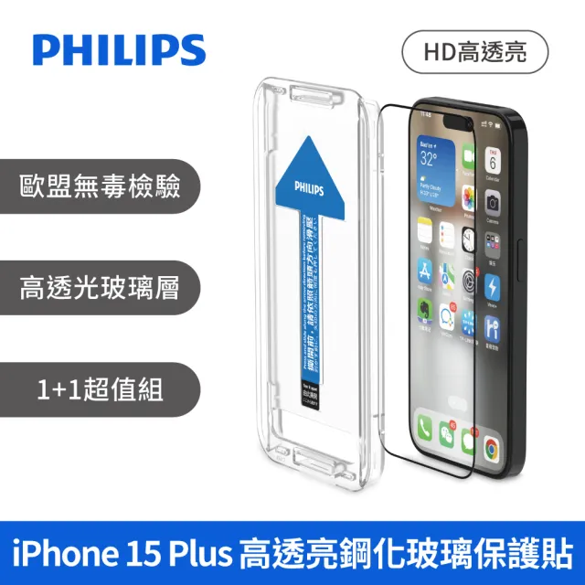 【Philips 飛利浦】iPhone 15系列 鋼化玻璃保護貼-秒貼版-兩片超值組(高透亮)