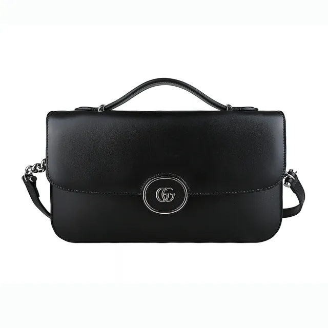 【GUCCI 古馳】GUCCI Petite 簍空雙G LOGO圓環設計牛皮扣式手提斜背包(小/黑)