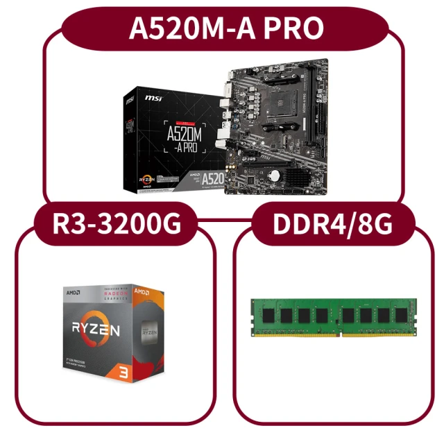 MSI 微星 A520M-A PRO+R3-3200G+D4/8G(M-ATX/2條DDR4插槽/R3-3200G/D4/8G)