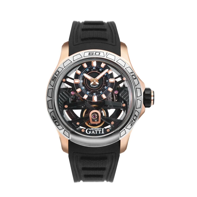 BONEST GATTIBONEST GATTI 布加迪 宇宙系列 玫瑰金 銀框 偏心顯示設計面盤 黑氟橡膠錶帶 機械腕錶(BG5101-A2)
