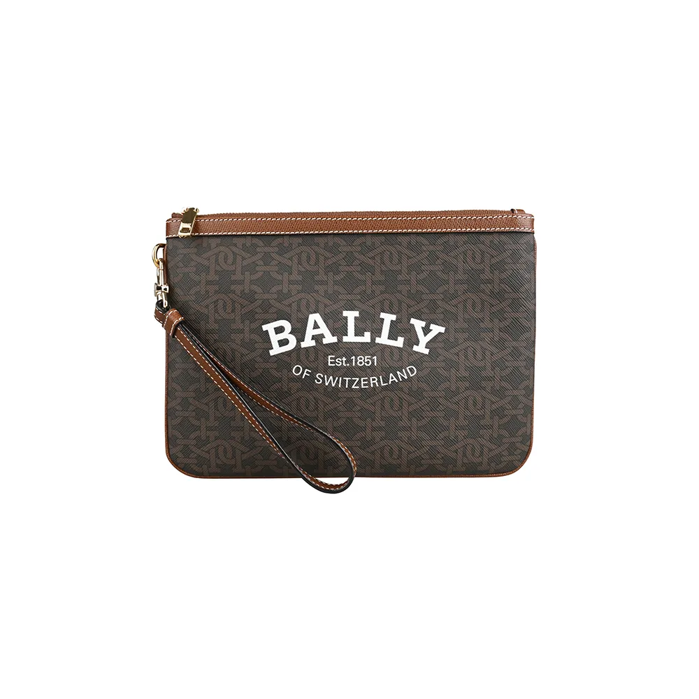 【BALLY】CERTHE白字LOGO品牌B字印花TPU材質牛皮滾邊拉鍊手拿包(棕)