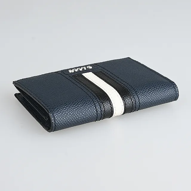 【BALLY】Tyke銀色金屬LOGO黑白條紋粒面紋牛皮卡片夾包(深藍)
