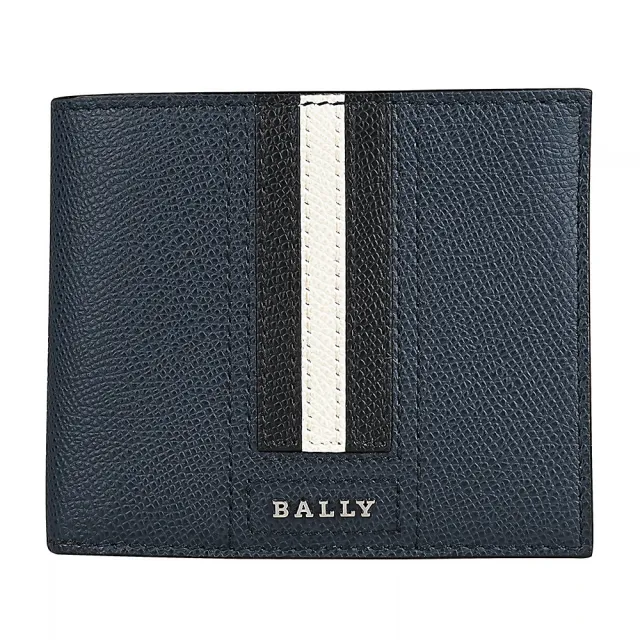 【BALLY】TVEYE銀字金屬LOGO黑白條紋粒面紋牛皮10卡短夾(深藍)