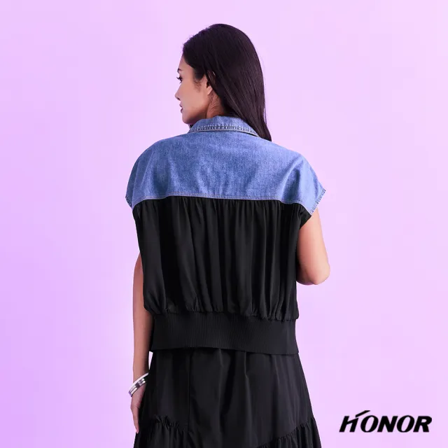 【HONOR 山形屋】排釦牛仔拼接落肩立袖收腰外套