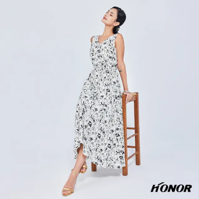 【HONOR 山形屋】葉子線條圖案無袖收腰洋裝