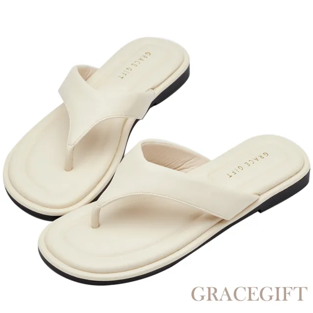 【Grace Gift】HEALER聯名-簡約澎澎柔軟人字夾腳平底拖鞋(杏)
