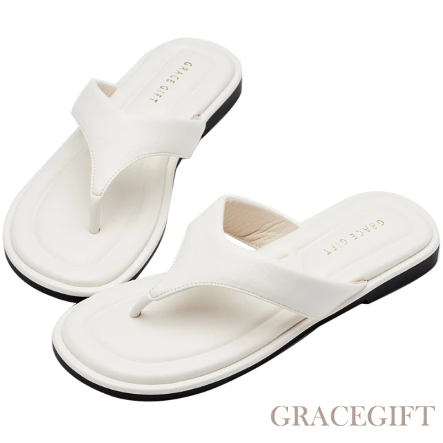 Grace Gift HEALER聯名-簡約澎澎柔軟人字夾腳平底拖鞋(白)