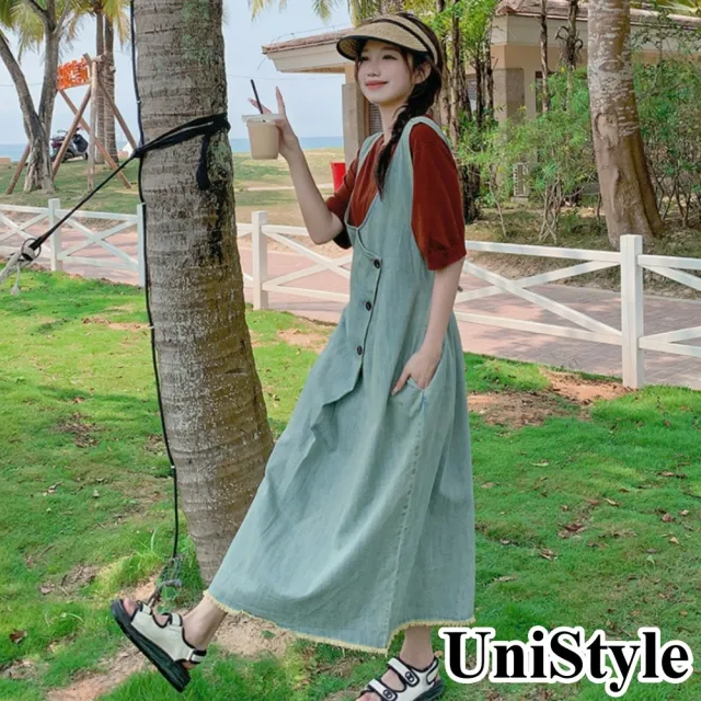 【UniStyle】牛仔吊帶裙 韓系毛邊設計感背帶裙  女 ZM163-T613(單連衣裙)