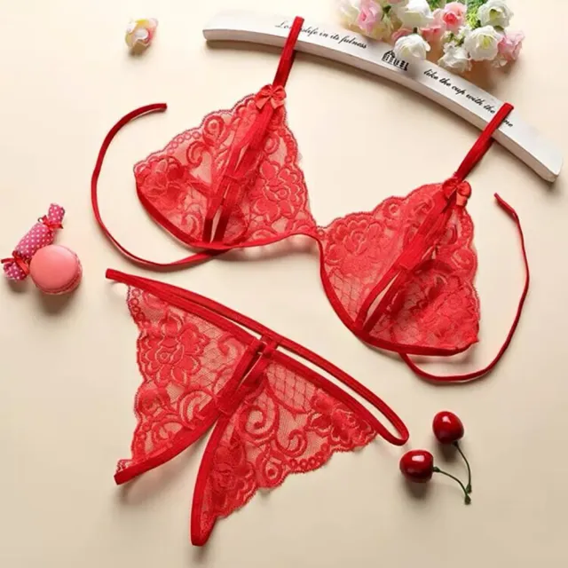 【Sexy angel】三點式透視蕾絲內衣開襠丁字褲套裝大尺碼性感情趣內衣情趣睡衣(性感情趣內衣內褲睡衣大尺碼)