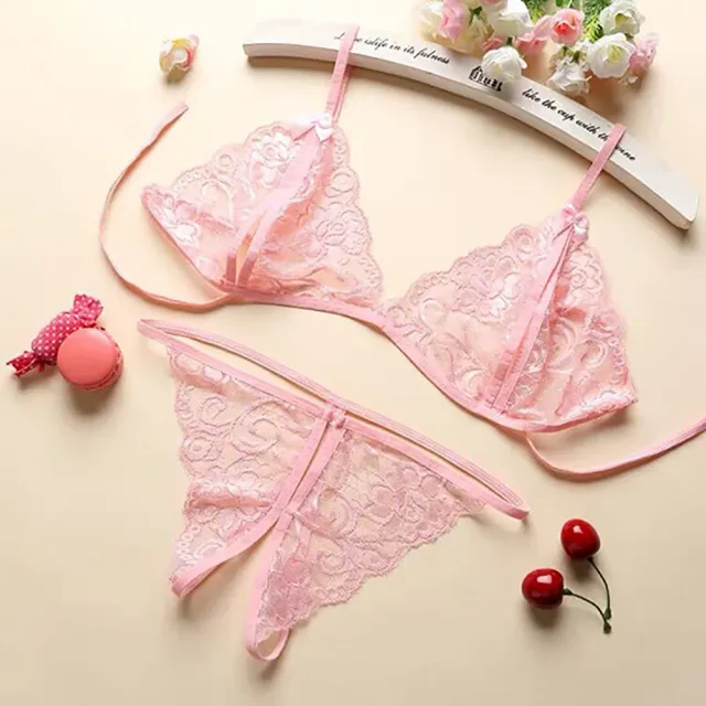 【Sexy angel】三點式透視蕾絲內衣開襠丁字褲套裝大尺碼性感情趣內衣情趣睡衣(性感情趣內衣內褲睡衣大尺碼)