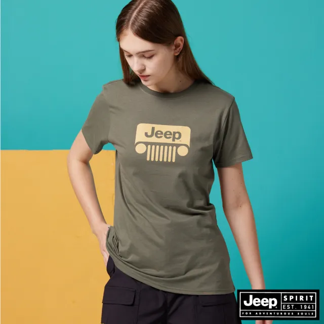 【JEEP】女裝 經典車頭燈LOGO印花短袖T恤-綠(綠色)