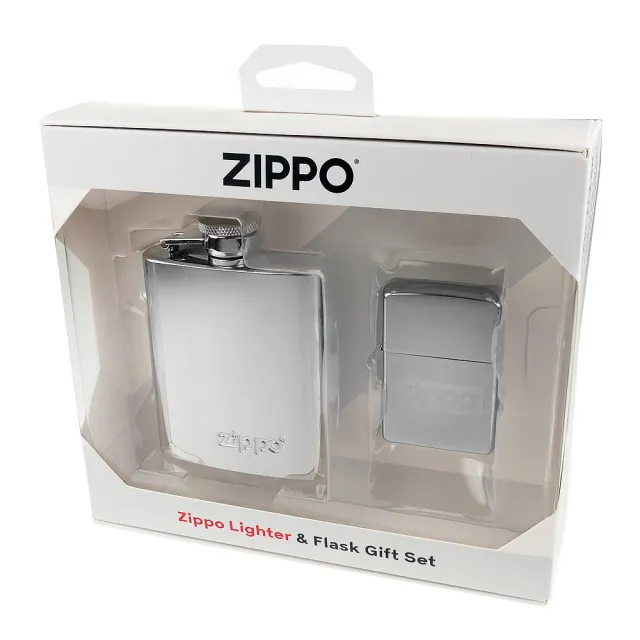 【Zippo】美系~光澤蝕刻Logo打火機+酒壺套組