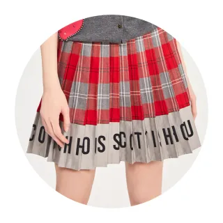 【SCOTTISH HOUSE】紅黑格 拼接素面 壓摺 格紋裙 CGT12127