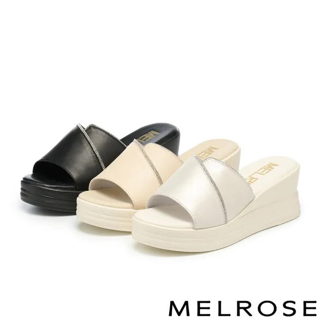 【MELROSE】美樂斯 輕奢日常閃鑽寬版厚底高跟拖鞋(米)