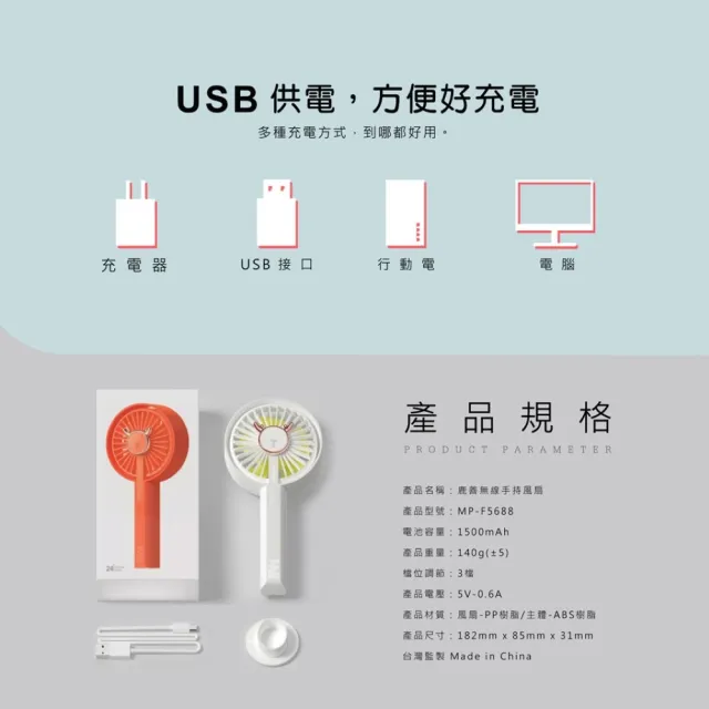 【MINIPRO】鹿善無線手持風扇-白(一扇兩用/隨身風扇/USB風扇/小電扇/靜音桌扇/MP-F5688)