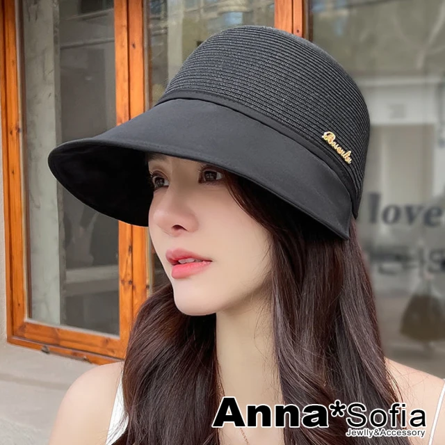 AnnaSofia 遮陽帽防曬帽淑女帽網美渡假草帽海灘帽鴨舌帽小臉帽-側英字雙質拼接 現貨(黑系)