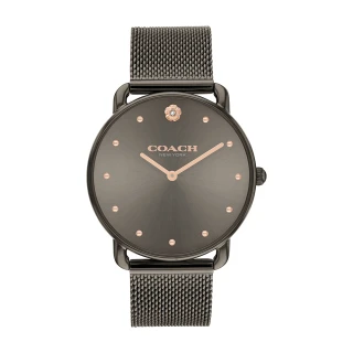 【COACH】Elliot 鐵灰色款 山茶花簡約腕錶 玫瑰金刻度 米蘭錶帶 36mm 女錶(14504210)