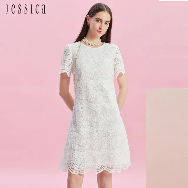 【JESSICA】優雅花卉蕾絲圓領修身短袖洋裝242710（白）