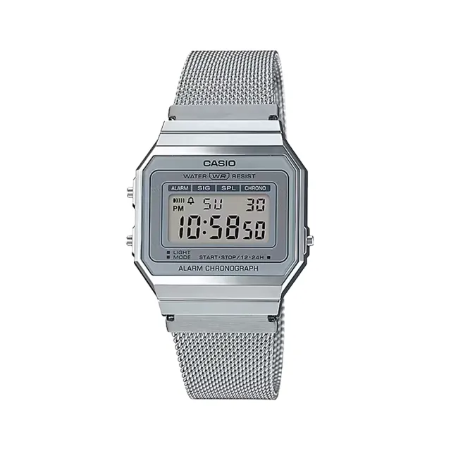 【CASIO 卡西歐】A700WM-7A 復古纖薄 經典時尚 LED背光 鬧鈴 計時碼錶 米蘭帶 銀色 電子錶 手錶